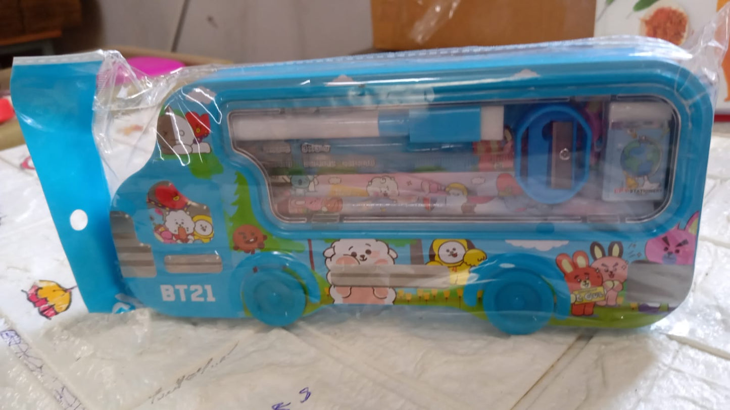 Bus Shape Compass Box for Boys, Kids School Accessories | Pencil Box with Wheels for Girls and Kids, String Operated Case Students School Supplies - Stationery Set Organizer Birthday Return Gift for Kids