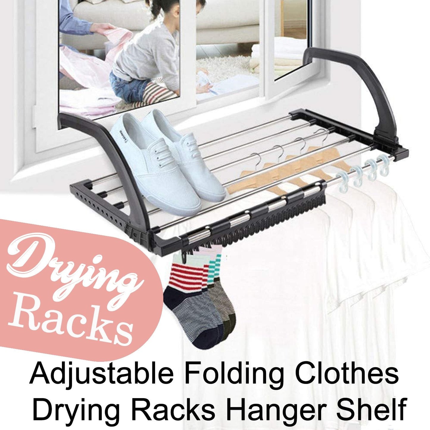 Compact folding clothes drying rack with adjustable shelves, suitable for all spaces