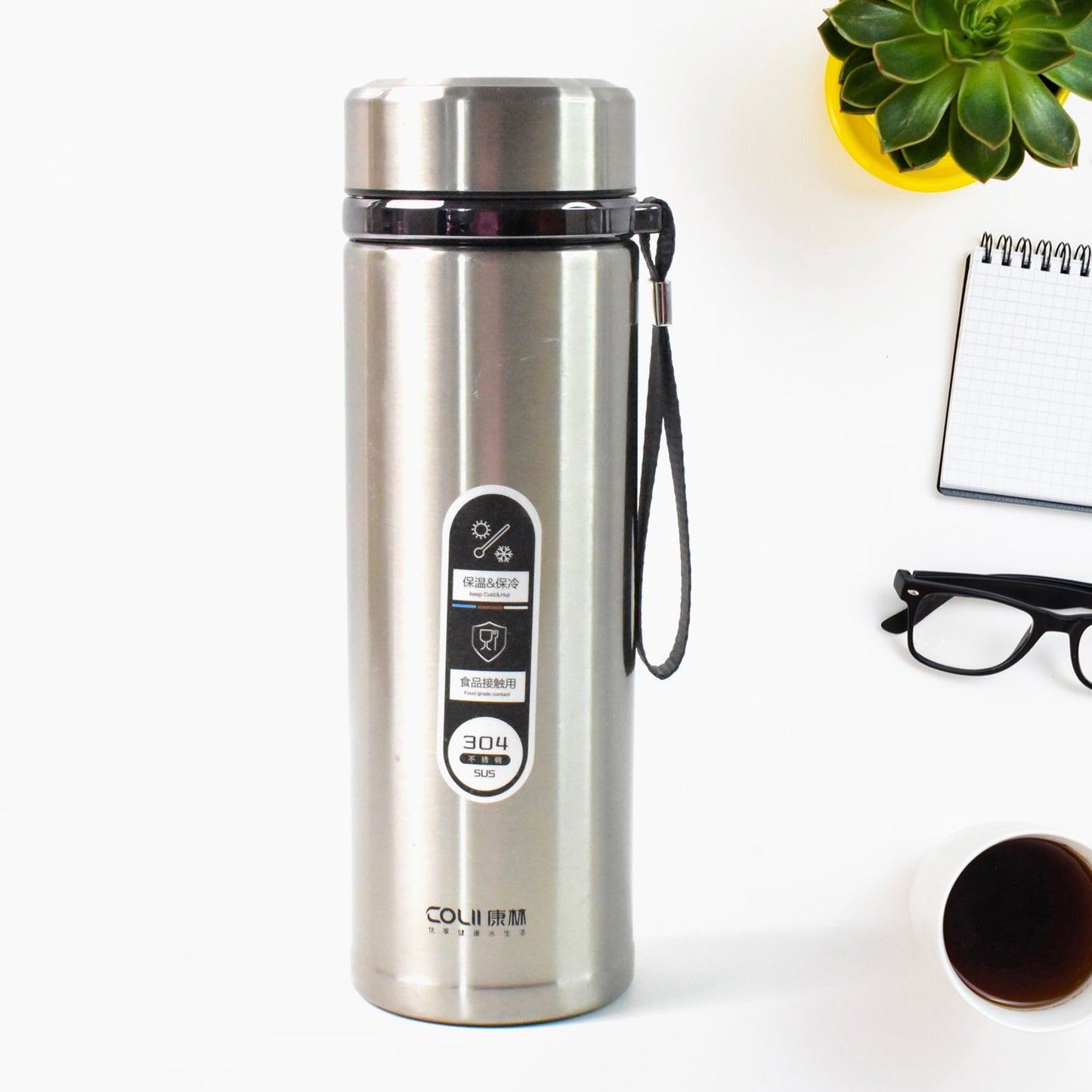 Stainless Steel Vacuum Insulated Water Bottle – 900ML Approx, Leak-Proof, Wide Mouth with Hanging Strap (Mix Color)