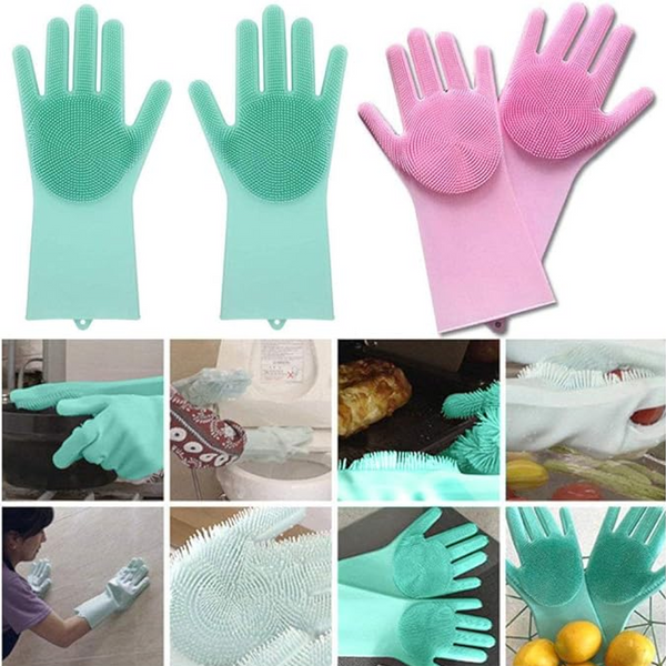 Reusable Silicone Cleaning Brush Scrubber Gloves (Multicolor)